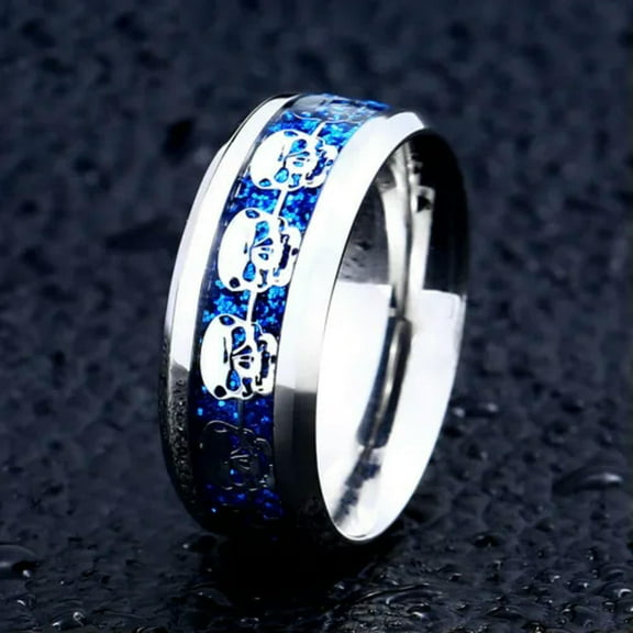 K-KED Blue Sequins & Skull Inlaid Ring Stainless Steel Men's Wedding Band Biker Rings-9