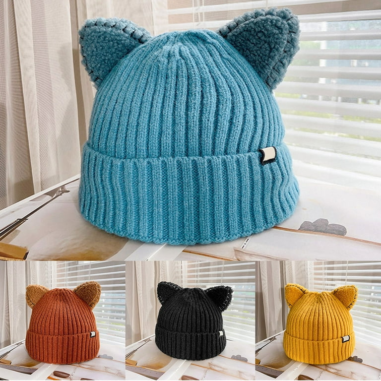 Kawaii Wool Knit Hat Fall Winter Cat Ears Shape Hats Solid Color Cute Soft Plush Kawaii Wool Knit Hat Fall Winter Cat Ears Shape Hats Solid Color Cute Soft Plush