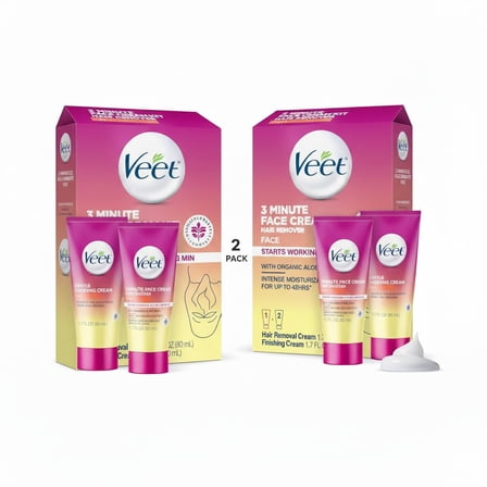 Veet 3 Minute Facial Hair Removal Cream for Women, Depilatory Cream with Organic Aloe Vera, 2 Piece Women's Facial Hair Remover Kit (Pack of 2)