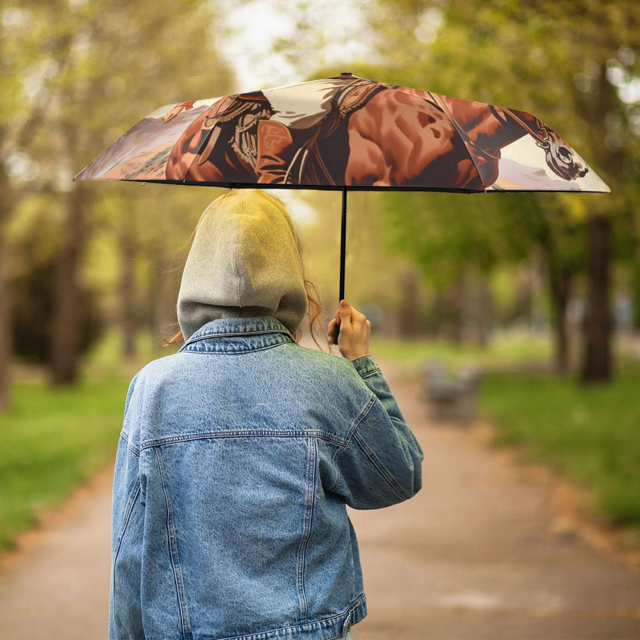 Cowgirl on Horseback Compact Sun Umbrella Windproof Travel Umbrellas for Rain Strong Portable UV Protection