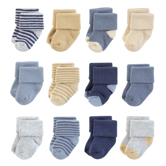 Hudson Baby Infant Boy Cotton Rich Newborn and Terry Socks, Blue Brown Stripes, 0-6 Months