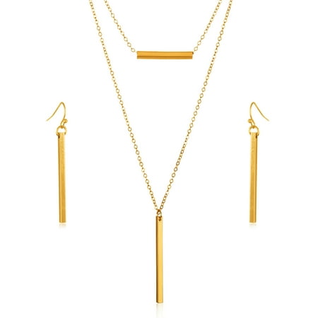 - Gold Tone Double Layer Bar Necklace and Earrings Jewelry Set