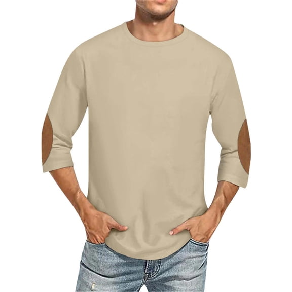 SYMOID Mens Casual 3/4 Sleeve Shirt with Elbow Patches, Beige Round Neck Relaxed Fit, 95% Polyester 5% Spandex for Daily Spring Fall Wear,Size 2XL