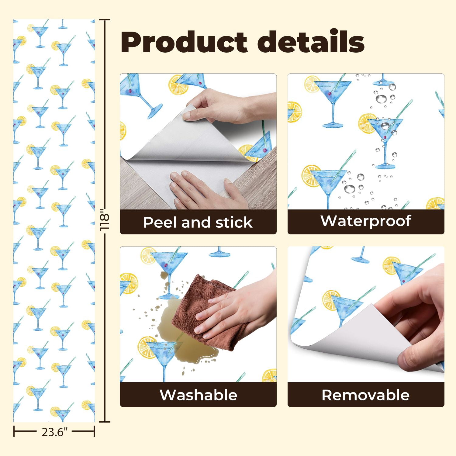 Peel and Stick Wallpaper Watercolor Martini Glasses Lemon Straw Wall Mural 23.6in x 9.8ft Self Adhesive Removable Wall Paper Renter Friendly Wallpaper for Nursery Bedroom Cabinets