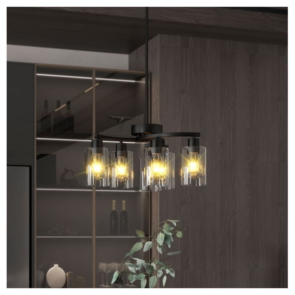 6-Light Farmhouse Chandelier - Black Industrial Pendant Light, Dining Room Lighting, Adjustable Height Kitchen Island Light Fixture - Clear Glass Shade