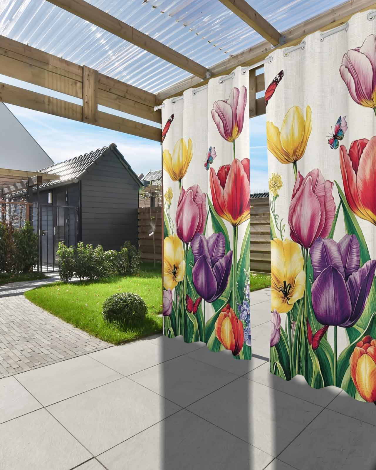 Outdoor Curtains for Patio, Spring Floral Waterproof Blackout Outside Curtain for Porch/Pergola/Gazebo, Tulip Summer Butterfly Botanical Colorful Thermal Insulated Drapes, 2 Panels, 54 x 84 Inch