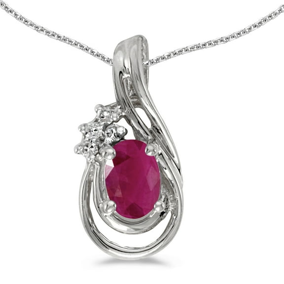 10k White Gold Oval Ruby And Diamond Teardrop Pendant with 18" Chain