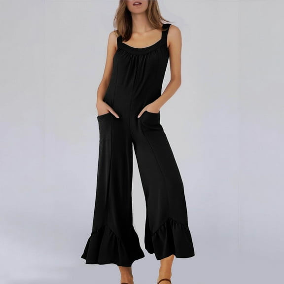 TMOYZQ Women's Jumpsuits Summer Casual One Piece Sleeveless Smocked Rompers Loose High Waist Wide Leg Jumpers with Pockets