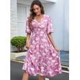 thumbnail image 6 of Women'S Casual V Neck Boho Floral Short Sleeve Button Down A Line Summer Beach Party Long Dress Light Purple M, 6 of 9