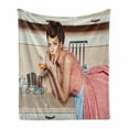 thumbnail image 1 of Pin up Girl Soft Flannel Fleece Throw Blanket, Blue Eyed Woman Eating Cake and Licking Her Fingers Victory Rolled Hairs, Cozy Plush for Indoor and Outdoor Use, 60" x 80", Multicolor, by Ambesonne, 1 of 6