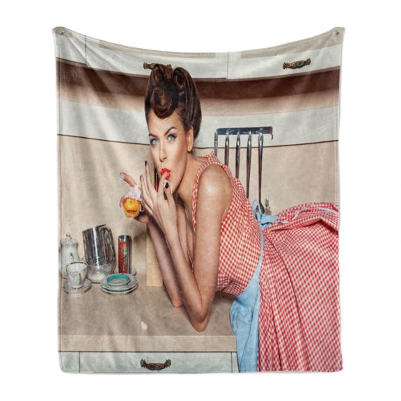 Pin up Girl Soft Flannel Fleece Throw Blanket, Blue Eyed Woman Eating Cake and Licking Her Fingers Victory Rolled Hairs, Cozy Plush for Indoor and Outdoor Use, 50" x 70", Multicolor, by Ambesonne
