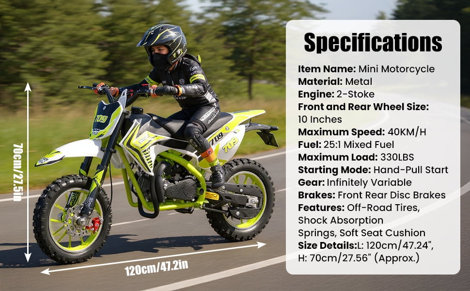 49CC Kids Dirt Bike - 30KM/H 2-Stroke Mini Motorcycle, 10" Off-Road Tires & Dual Disc Brakes, 150kg Load Capacity