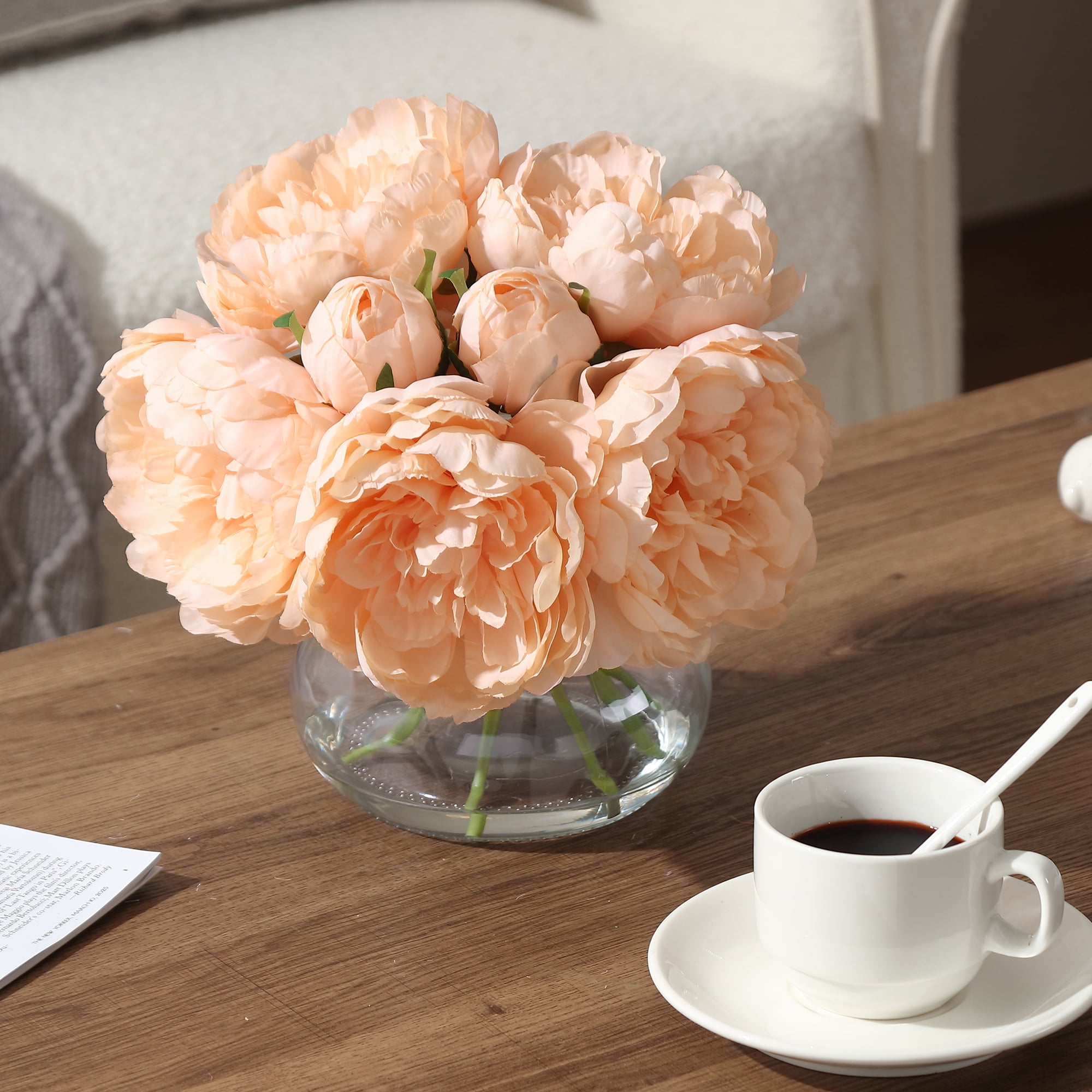 Artificial Silk Peony Flowers in Glass Vase - 10 Inch Faux Peony Arrangement with Faux Water, Realistic Touch, Table Centerpiece for Home, Wedding, Office Decor