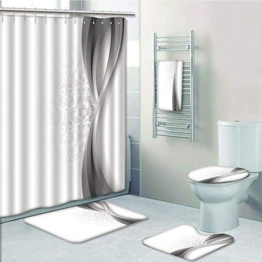 PRTAU Silver Wavy Vertical Curved Stripes with Flowers Leaves Vintage Damask Inspired 5 Piece Bathroom Set Shower Curtain Bath Towel Bath Rug Contour Mat and Toilet Lid Cover