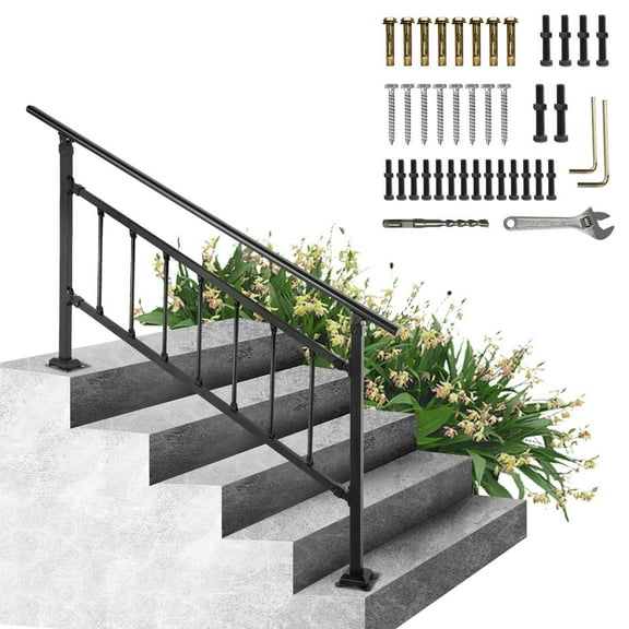 Adjustable Outdoor Stair Railing for 1-5 Steps, Wrought Iron Handrail with Fence, Exterior Stair Railing for Concrete Steps, Matte Black, Easy Installation