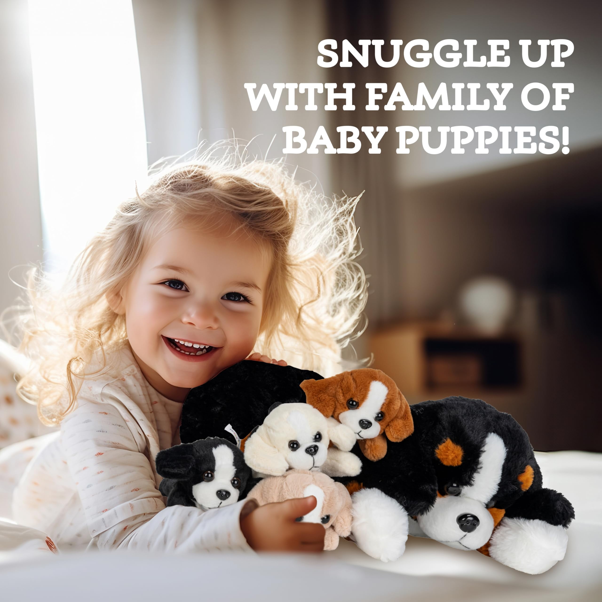 PixieCrush Dog Stuffed Animals - Bernese Mommy with 4 Puppies in Her Tummy - Huggable and Fluffy Dog Plushies for Imaginative Play - Plush Toys Suitable for Kids 3 Years Old and Above - 5" x 10" x 8"