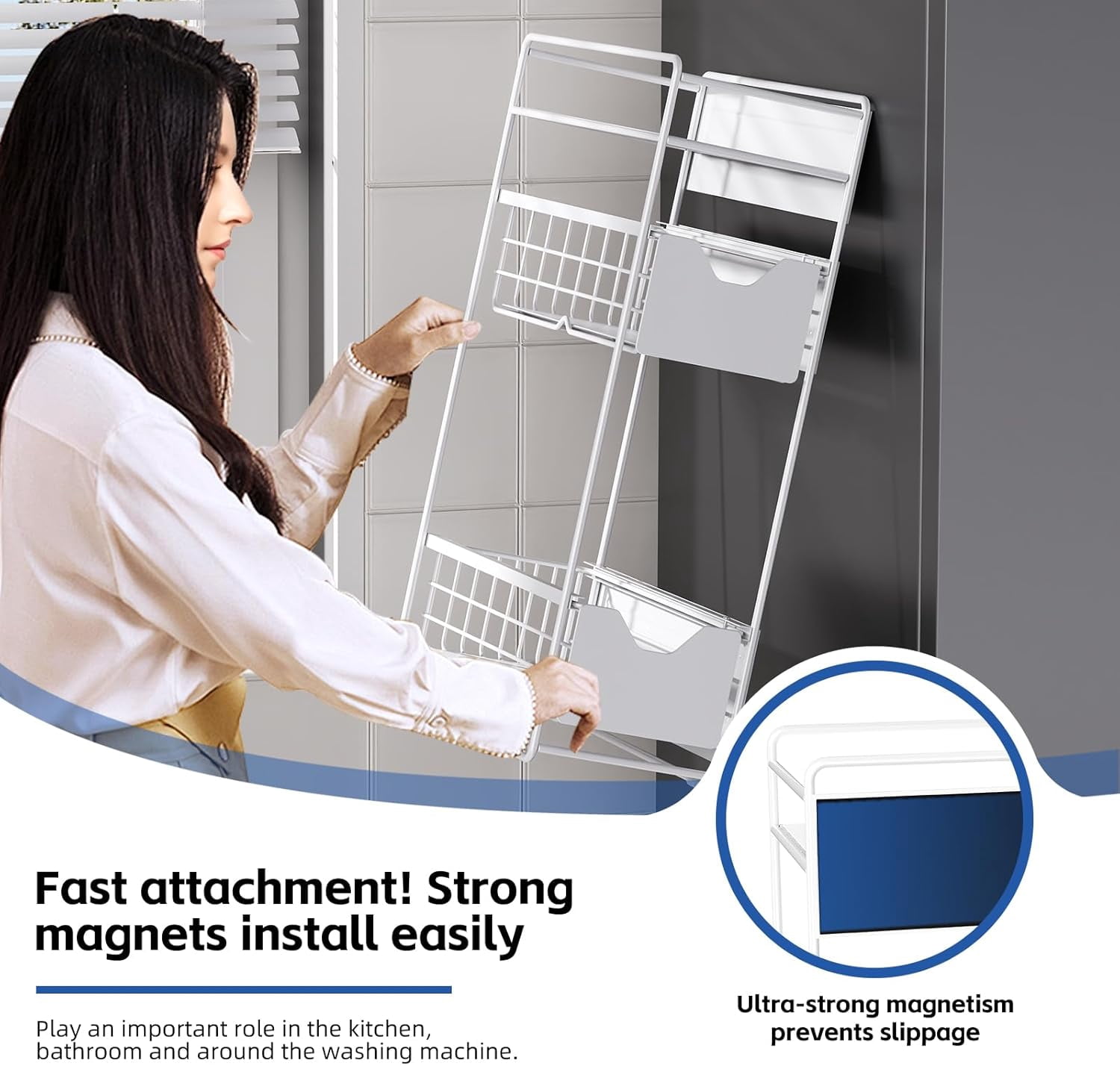 3 Tier Magnetic Shelves for Washing Machine with Pull Out Metal Drawer,Magnetic Spice Rack for Fridge,Magnetic Rack with no Installation, Versatile Storage Organizers for Home (White, 3 Tier)