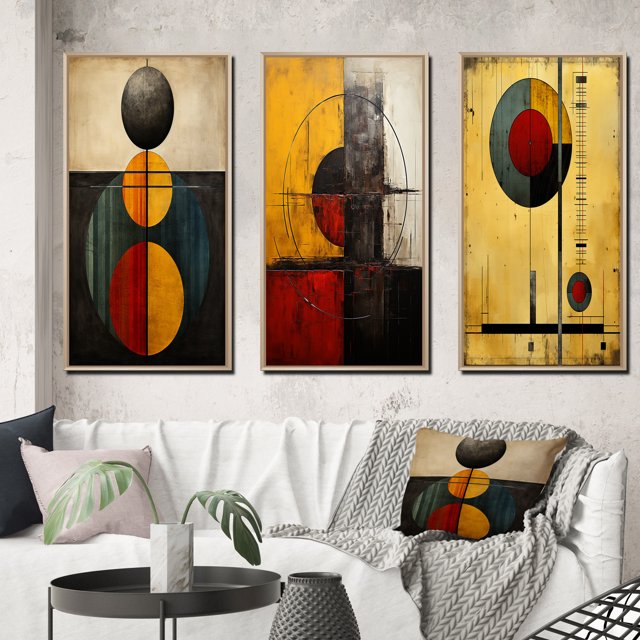 Designart "Unraveling the Mystery Retro Geometric Puzzle I" Modern Geometric Framed Wall Art Set Of 3 - Gold Abstract Geometric Frame Canvas Set For Living Room Decor