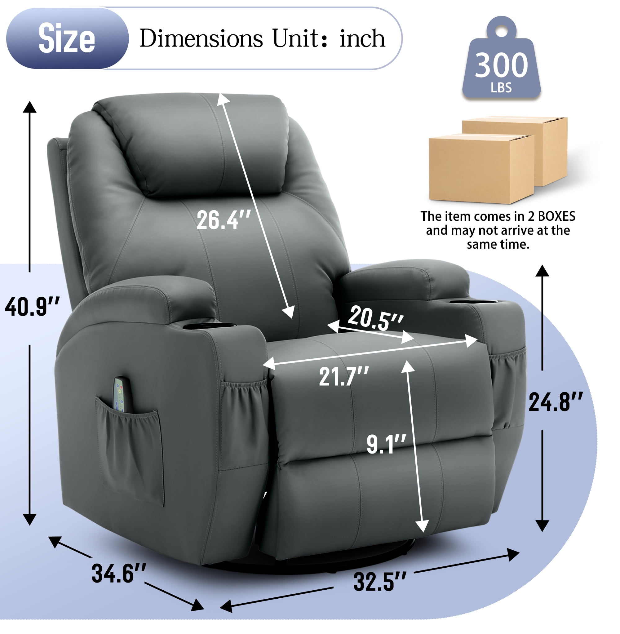 Korser Swivel Rocker Recliner Chair with Massage Faux Leather for Living Room,Grey