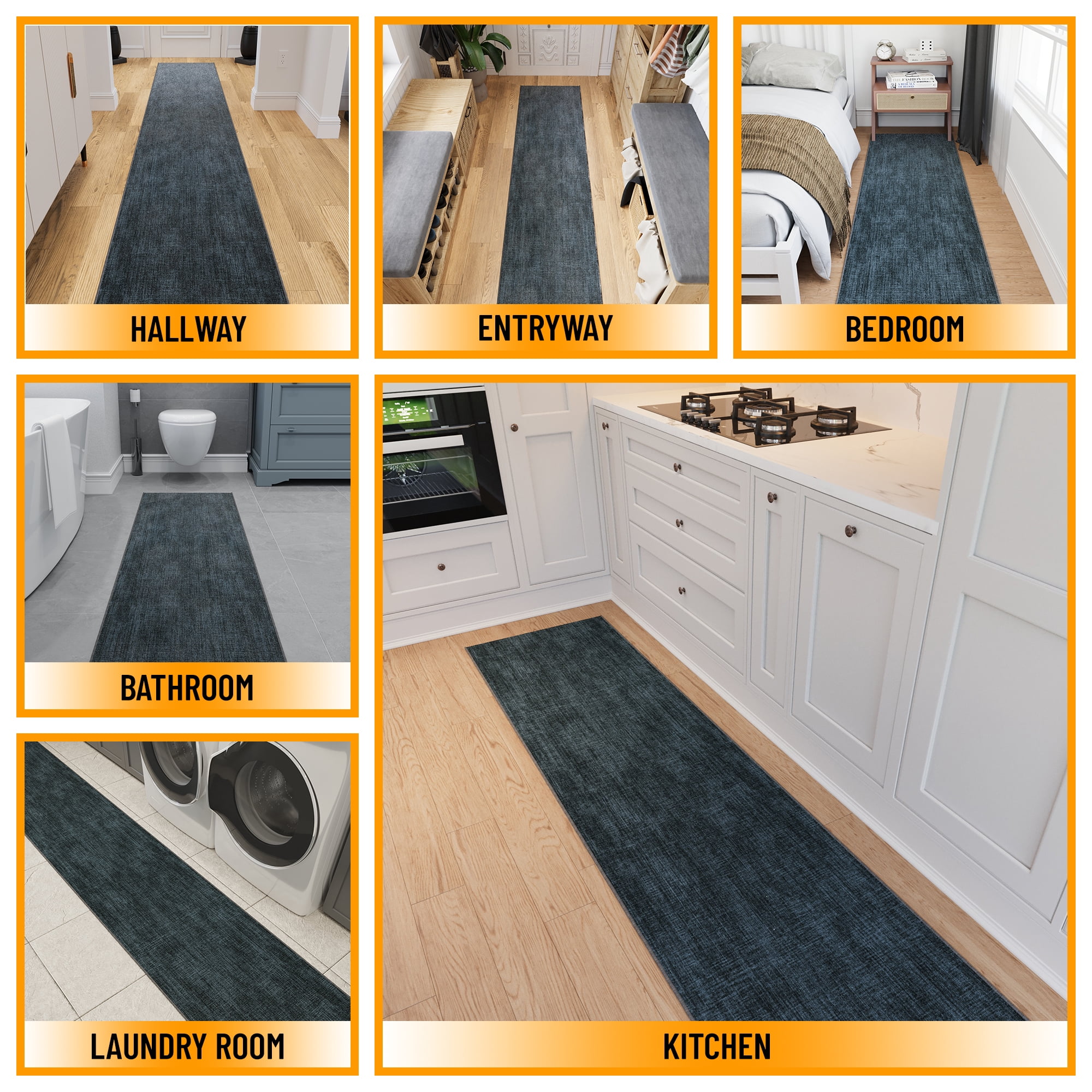 Ottomanson Aisle Runner Rug 1'10.5" x 53' Soft Non-Slip Indoor Rug, Solid Charcoal Navy