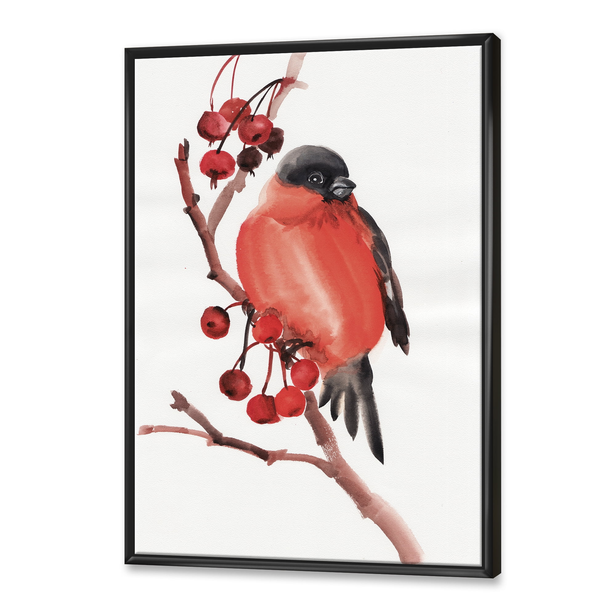 Designart 'Red Bullfinch Bird Sitting On A Branch With Berries' Traditional Framed Canvas Wall Art Print