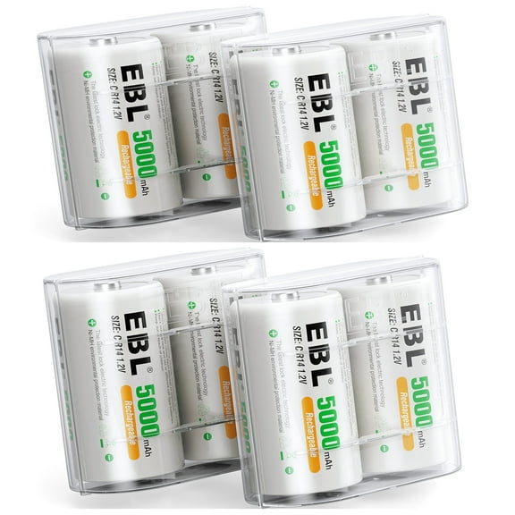 EBL Pack of 6 Rechargeable C Batteries, 5000mAh Ni-MH C Cell Battery with Storage Box