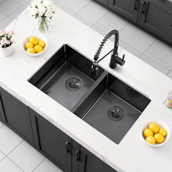 32 Inch Black Undermount Kitchen Sink, 32" X 19" 50/50 Double Bowl Kitchen Sink, 16 Gauge Stainless Steel Kitchen Sinks with Sinks Drain (Black)