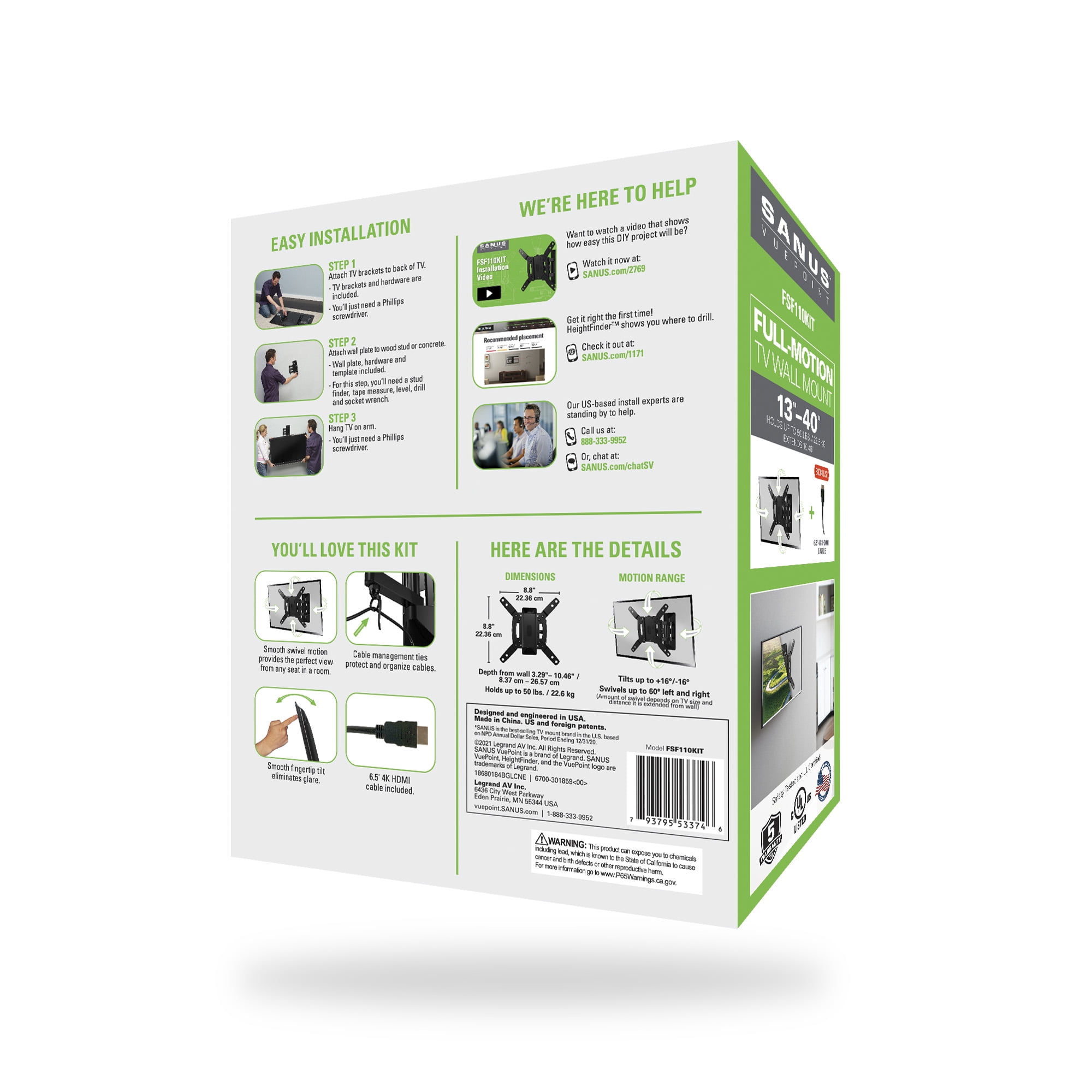 SANUS VuePoint Full-Motion TV Wall Mount for TVs 13"-40" up to 50 lbs, Comes with HDMI cable