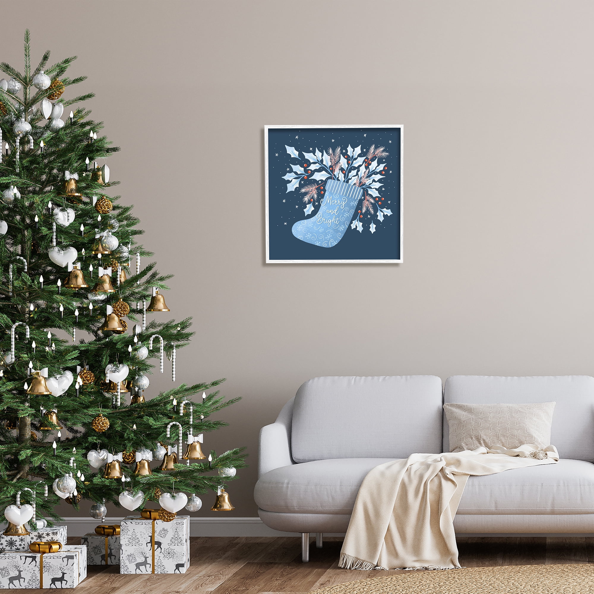 Stupell Industries Merry & Bright Seasonal Holly Berry Sprigs Stocking Graphic Art White Framed Art Print Wall Art, Design by Dominika Godette