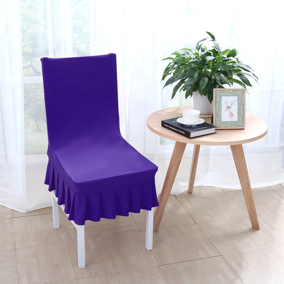 Stretchy Spandex Ruffled Skirt Short Dining Room Chair Covers Stretchy Spandex Ruffled Skirt Short Dining Room Chair Covers Washable Removable Seats Protector Slipcovers Dark Purple