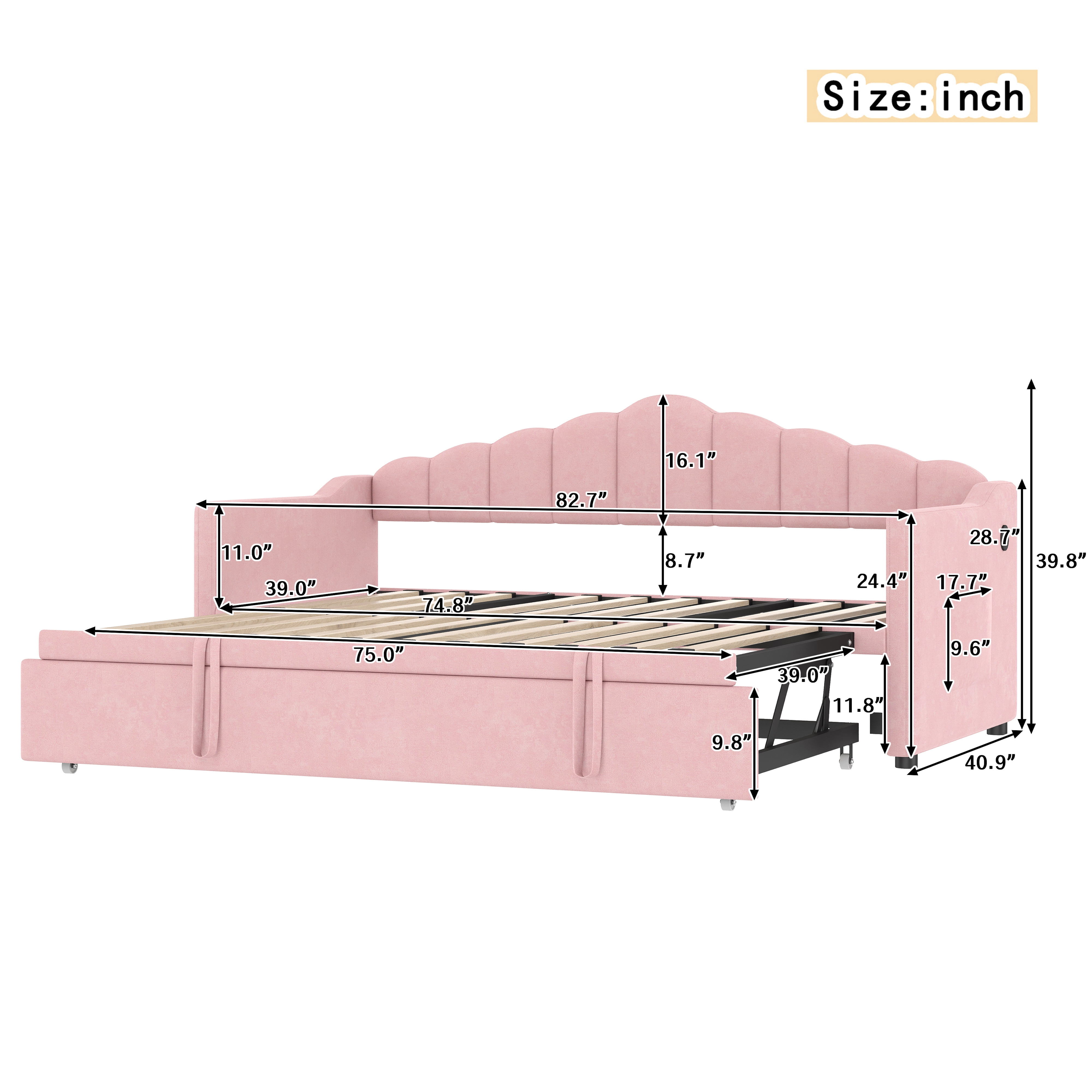 Euroco Upholstered Twin Size Daybed with Pop up Trundle Bed, Adjustable Sofa Bed with Pockets and USB & Type-C Charging Station, Pink