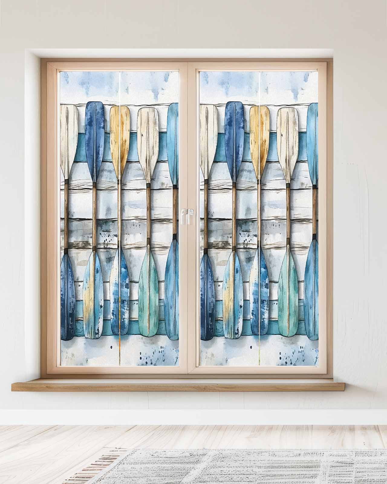 Window Privacy Film Lake Paddle Striped Stained Glass Window Film Decorative Sun Block Window Cover Watercolor Vintage Wood Grain Window Clings Static Adhesive Sticker for Bathroom 23.6"x59"