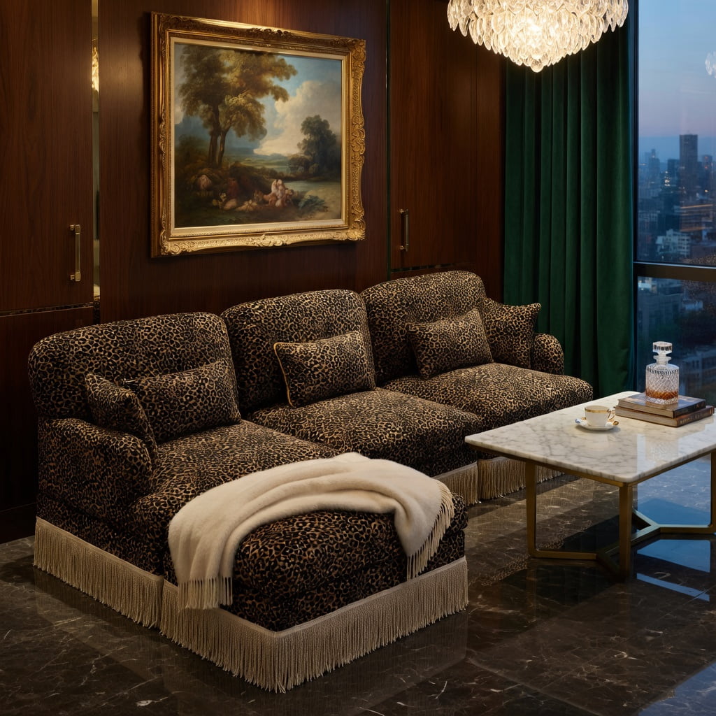 Hommoo 131" U-Shaped Chenille Sofa Set with Leopard Print, Movable Ottomans, Tassel Trim & Ergonomic Deep Seat, Modern Living Room Sectional, Brown