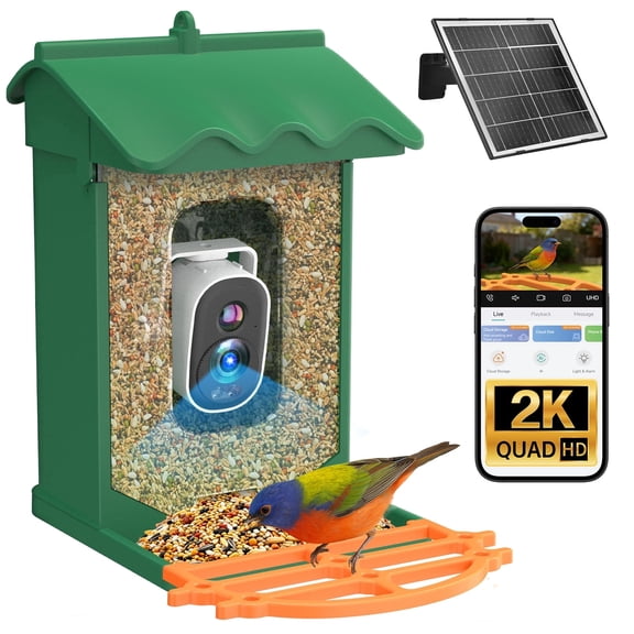 Smart Bird Feeder with Camera, Solar Powered, 2L Large Capacity Bird House Feeders, 2K UHD, 11000  AI Identifies, Instant Arrival Alerts, Green