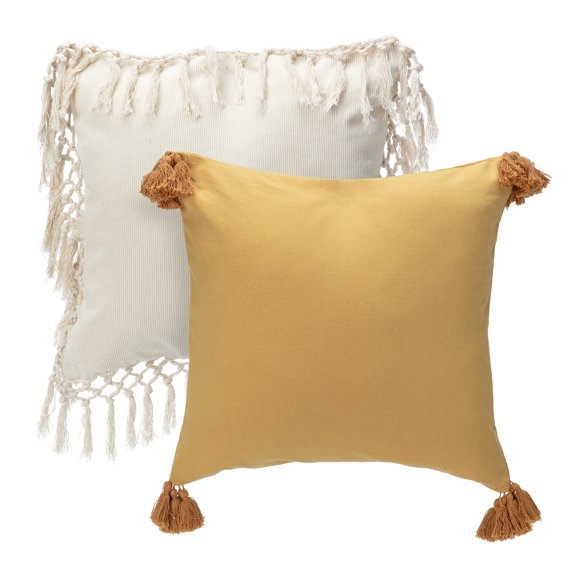 Chanasya Natural Cotton Solid Color Creme and Golden Throw Pillow Covers with Fringe and Tassel 2 Piece Set - Modern Decorative Home Décor for Bed, Couch, Patio and Outdoor (18x18 Inches)