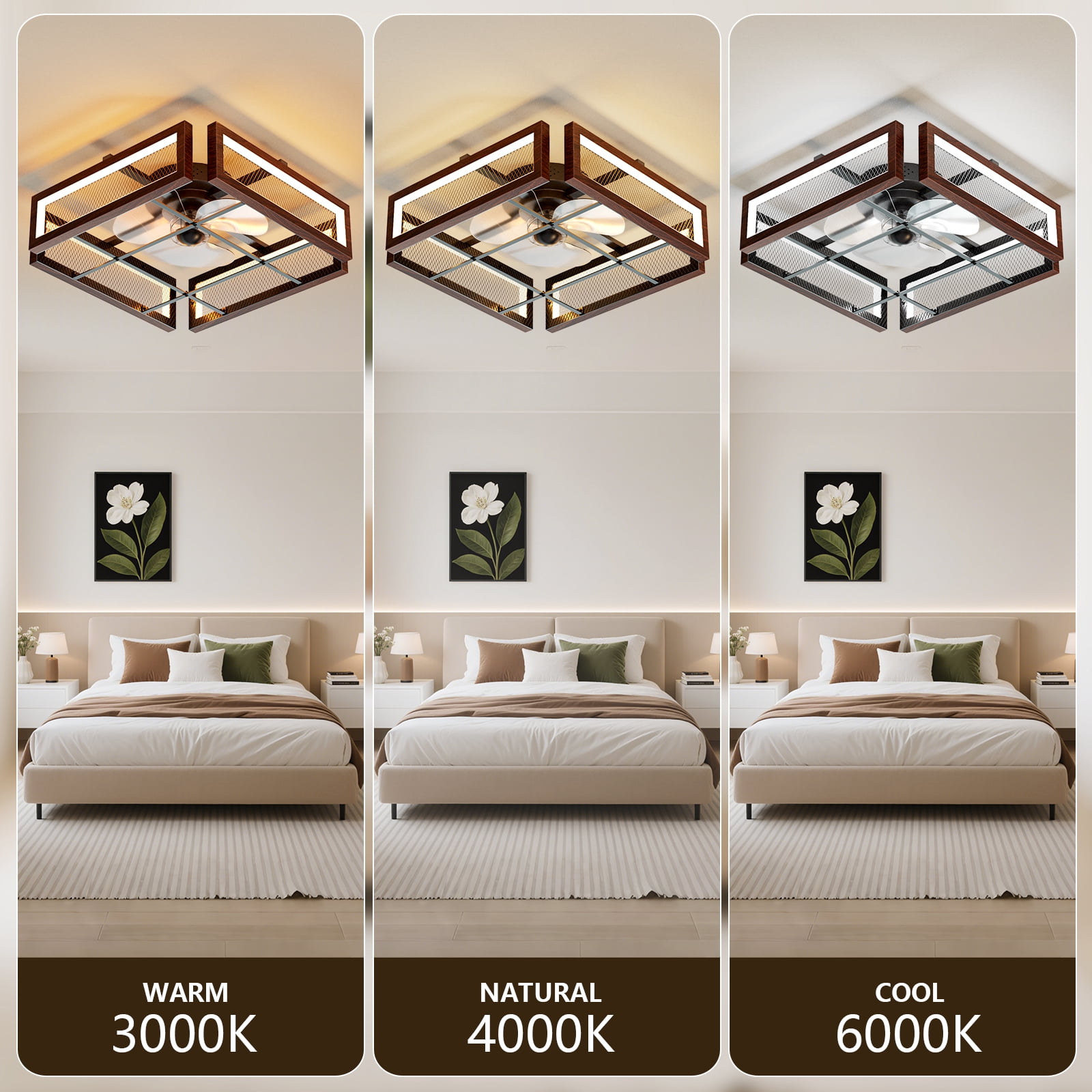 18.9”Wood Grain Brown Square Ceiling Fan with LED Light and Remote Control