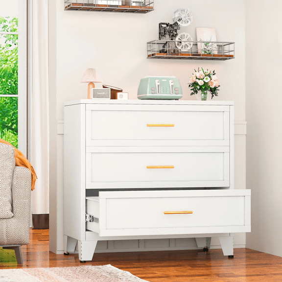 3 Drawer Metal Storage Cabinet, Suitable for Office, Bedroom, Living Room, Dressing Table with Grooved Panel, Modern Storage Cabinet, Large Storage Space, White, 15.8 "D X 31.5" W X 34.3 "H