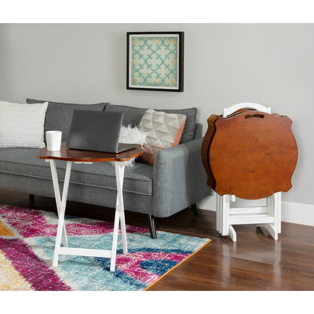 Powell 5 Piece Oversized Folding Tray Table Set White And Hazelnut Walmart Com Walmart Com