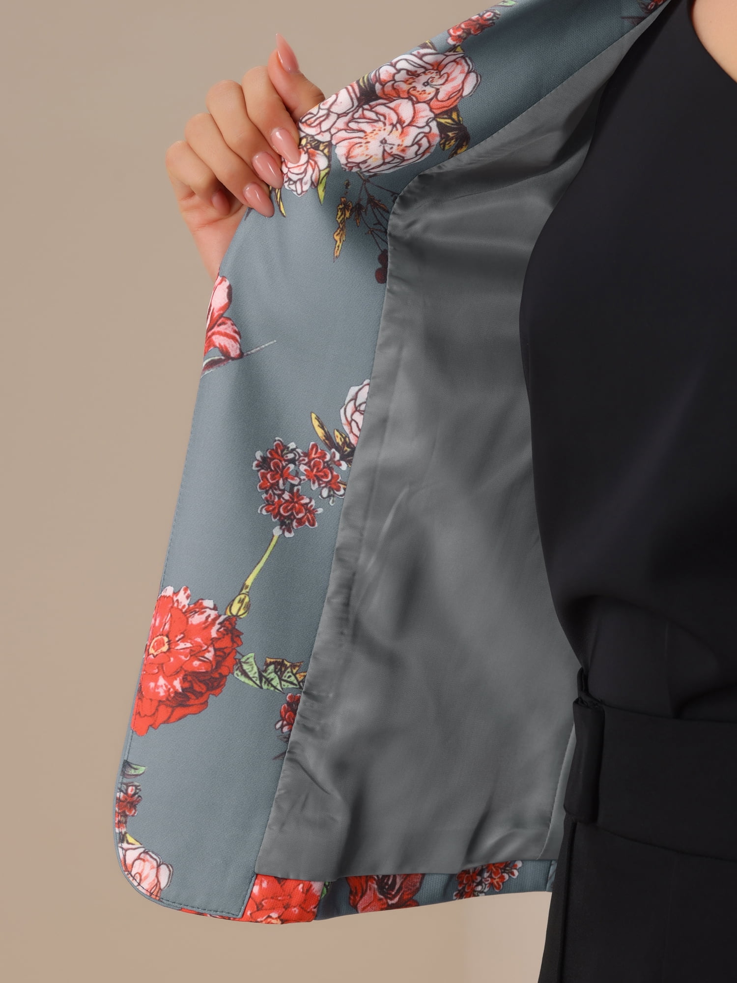 DARING DIVA Women's Elegant Notched Lapel Floral Print Blazer L Gray-Floral