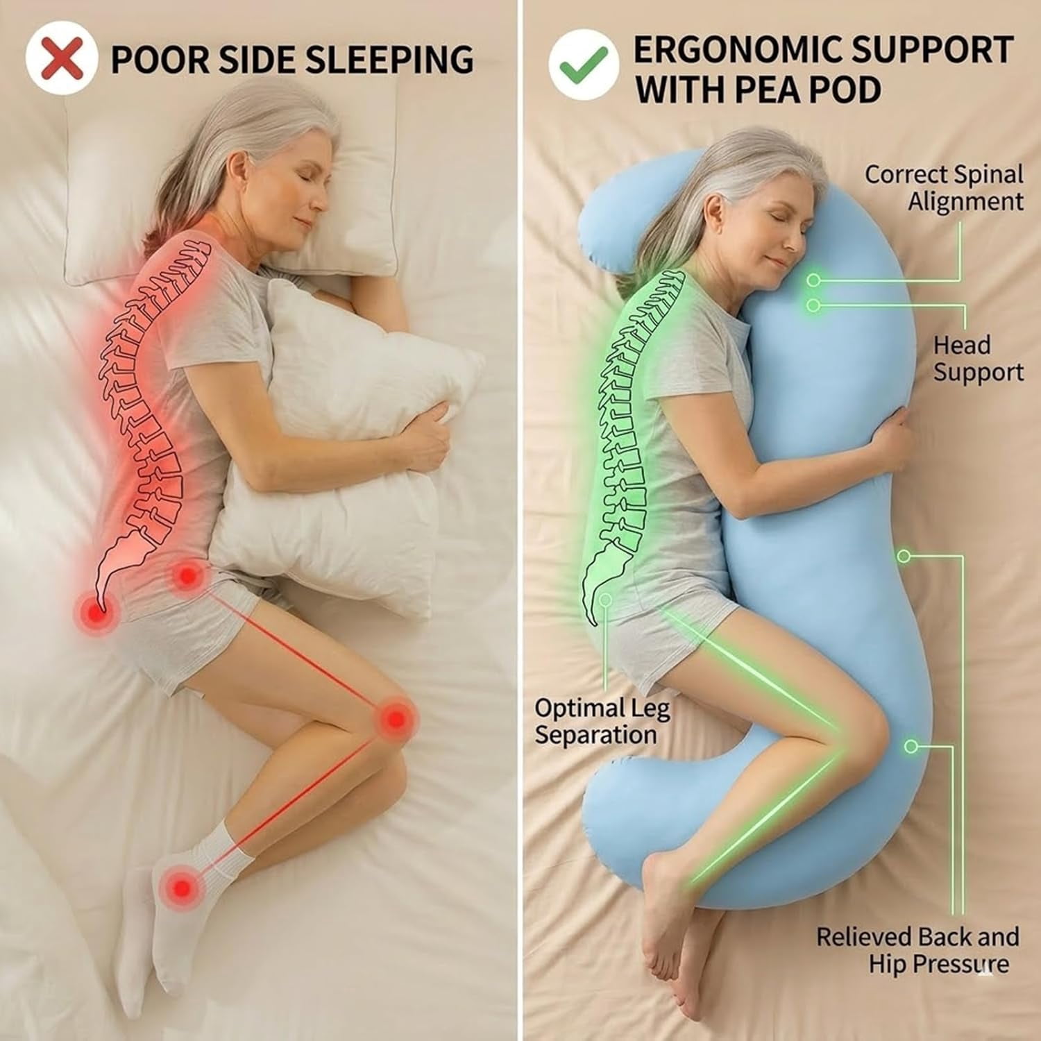Pea Pod Body Pillow for Adults - Plush Full Body Pillow with Even Filling Removable Cover Breathable Comfortable Body Support Pillow for Sleep Relax Couch Bed (Light Blue)