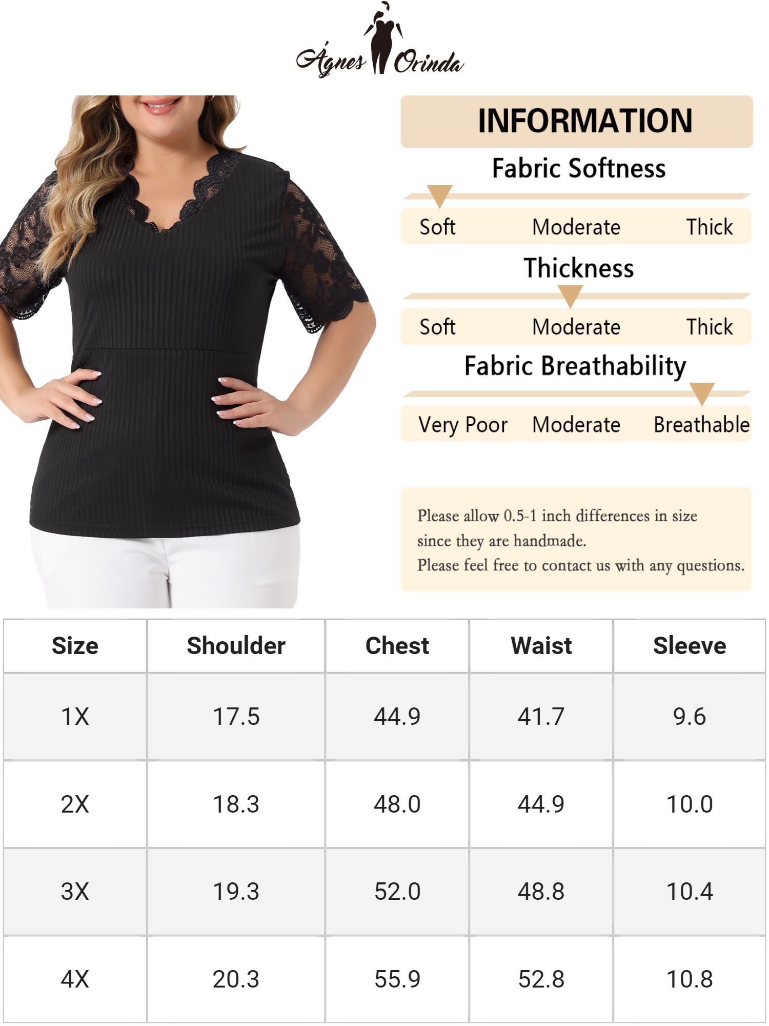 Unique Bargains Women's Plus Size Tops V Neck Elegant Lace Ribbed Knit Tunic Blouse 4X Black