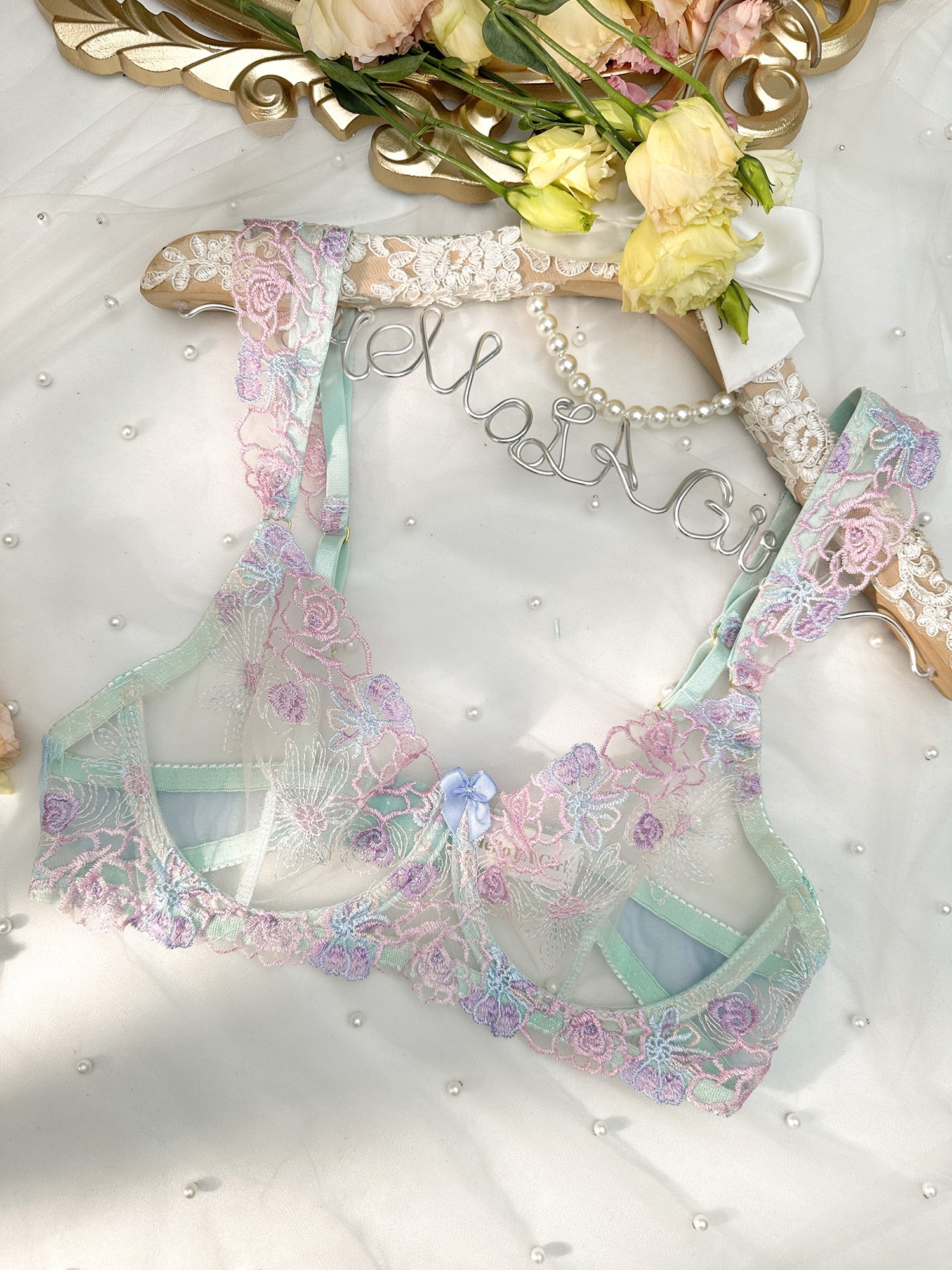 Blue Butterfly Bow Colorful Embroidered Flower Lingerie Set (BLUE, S)