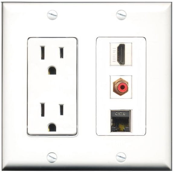 RiteAV - 15 Amp Power Outlet 1 Port HDMI 1 Port RCA Red 1 Port Shielded Cat6 Ethernet Ethernet Decorative Wall Plate