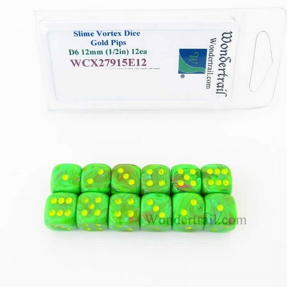 Slime Vortex Dice with Gold Pips 12mm (1/2in) D6 Set of 12 Wondertrail
