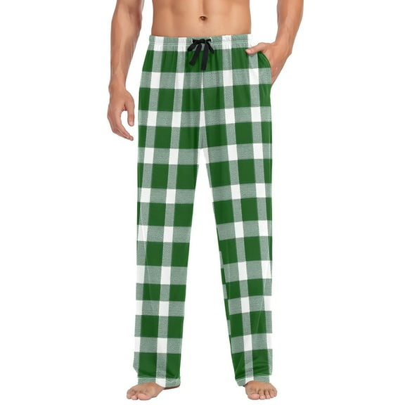 Cotton Mens PJ Pajama Pants Bottoms Waistband Sleepwear with Pockets Green Gingham Pattern