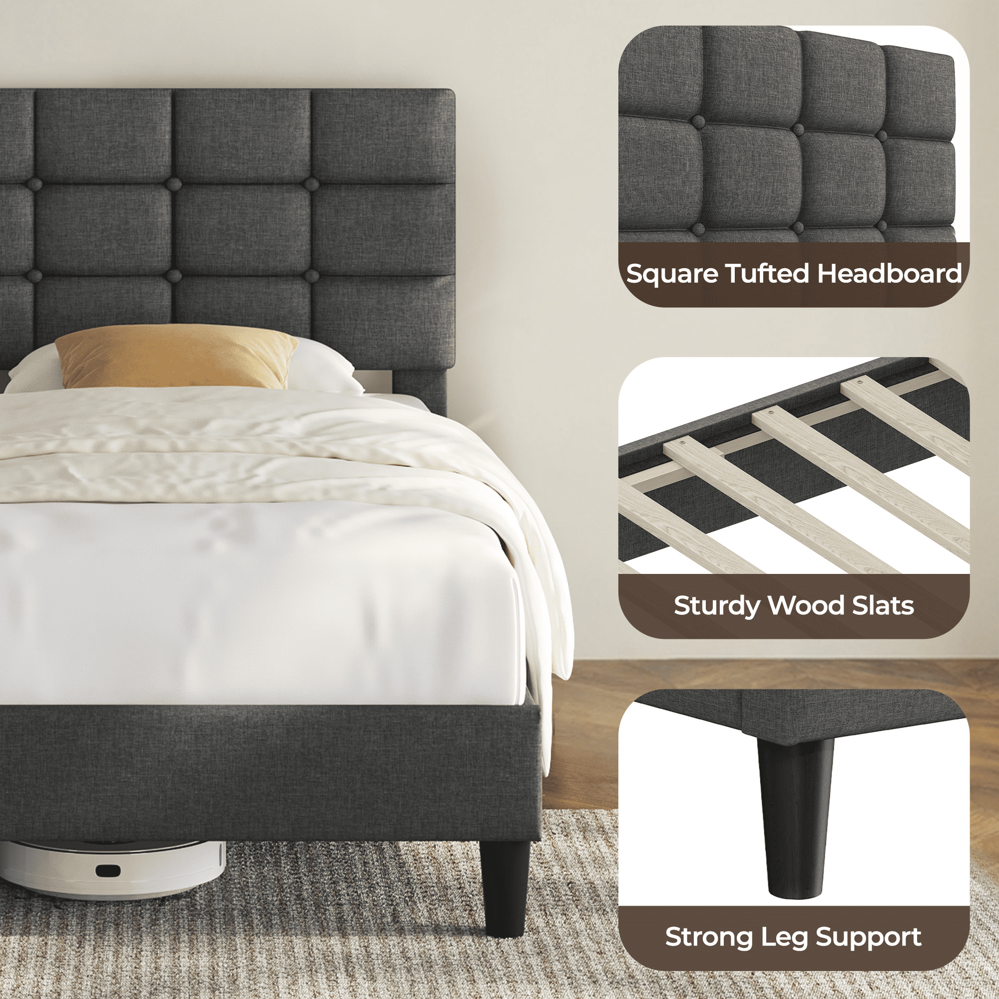 Renwick Twin Upholstered Bed Frame with Square Tufted Headboard, Dark Gray
