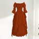 thumbnail image 3 of Vestido de manga tres cuartos para mujer ropa de fiesta plisada con cuello oblicuo Estilo Vintage, 3 of 8