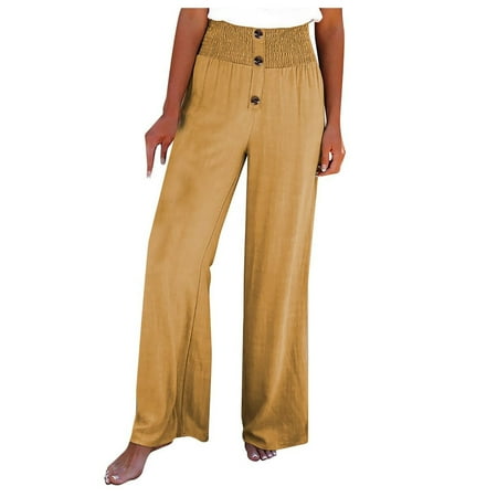

Dadaria Linen Pants for Women High Waist Petite Solid Pants Comfortable Elastic High Waist Wide Leg Loose Beach Pants Yellow XL Female