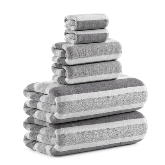 6-Piece Microfiber Towel Set, Gray/White Stripe – 2 XL Bath Towels 31.5x66.9 in, 2 Hand Towels 15.7x31.5 in, 2 Washcloths 13.4x13.8 in, Quick-Dry