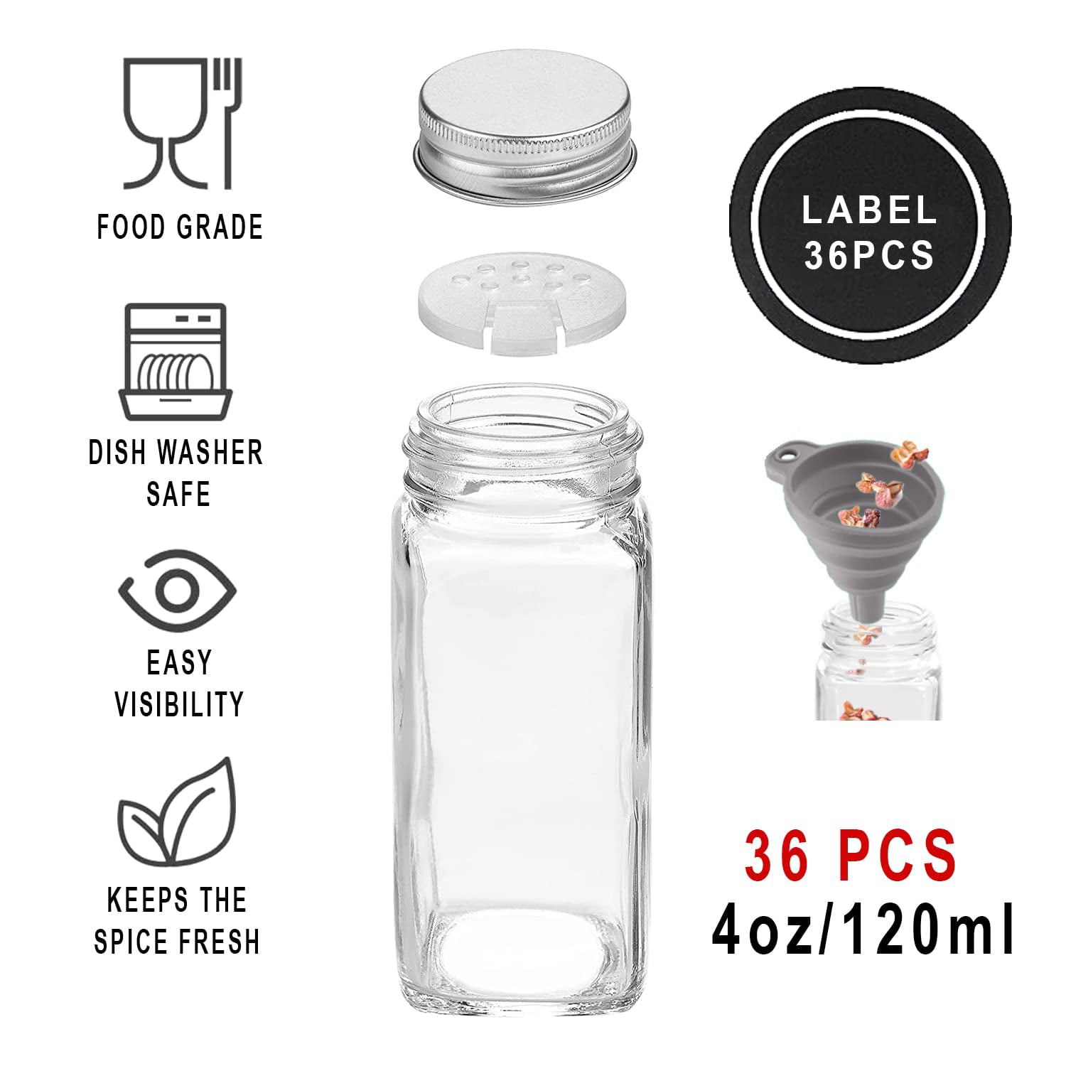 JARXSUN 36 Glass Spice Jars with Label-4oz Spice Containers with Black  Metal Caps and Shaker Lids,3 Sets of Spice Labels 1 Collapsible Funnel 2